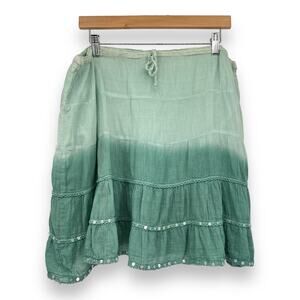 Kaaku Skirt Women's OS Green Ombre Gauzy 100% Cotton Sequence Tiered Boho
